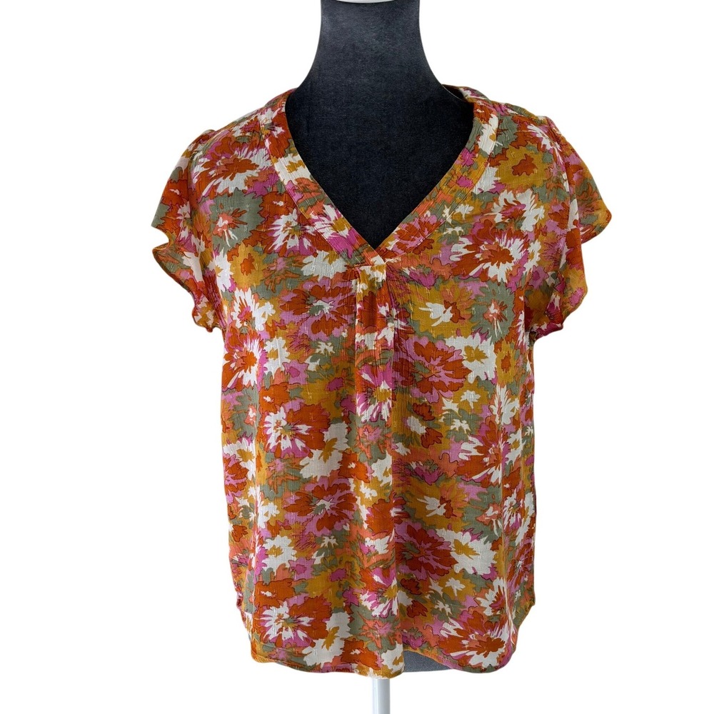 Cynthia Rowley Floral V-Neck Ruffle Cap Sleeve Boho Cottagecore Blouse Small
